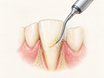 A close view of a dental prophylaxis cleaning: an ultrasonic scaler tip removes soft plaque and a bit of hardened tartar from the gumline of a healthy lower tooth while a water spray rinses the enamel; surrounding gums appear pink and uninflamed.