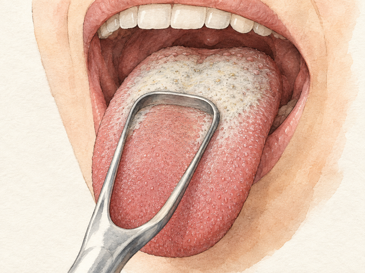 A tongue scraper gliding from the back of an extended tongue toward the front, lifting a pale coating of debris and odor-causing bacteria and leaving a clean pink surface, illustrating how tongue cleaning reduces bad breath.