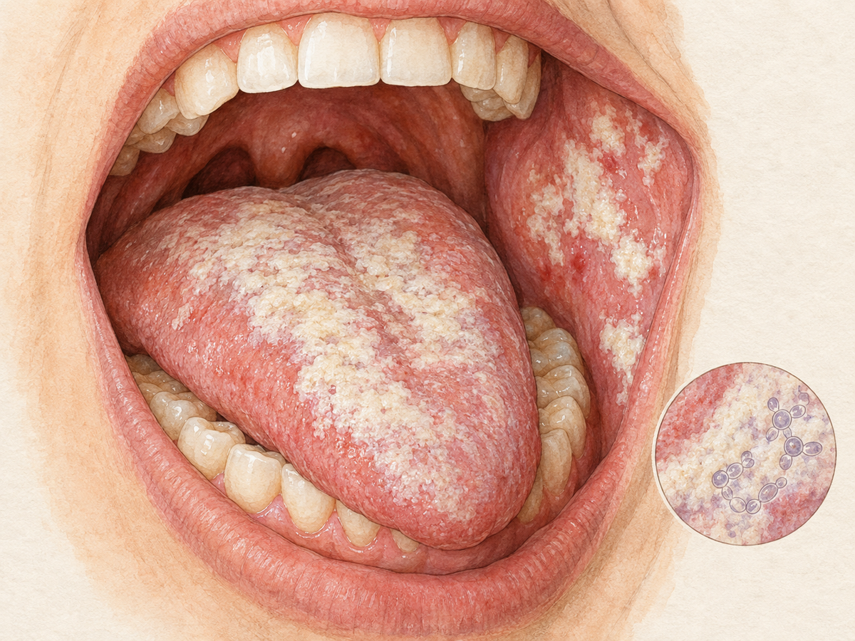 Close view inside the mouth showing creamy white patches of oral thrush on the tongue and inner cheek, with pink gums and ivory teeth. Reddened tissue beneath the patches shows where Candida overgrowth affects the oral lining.