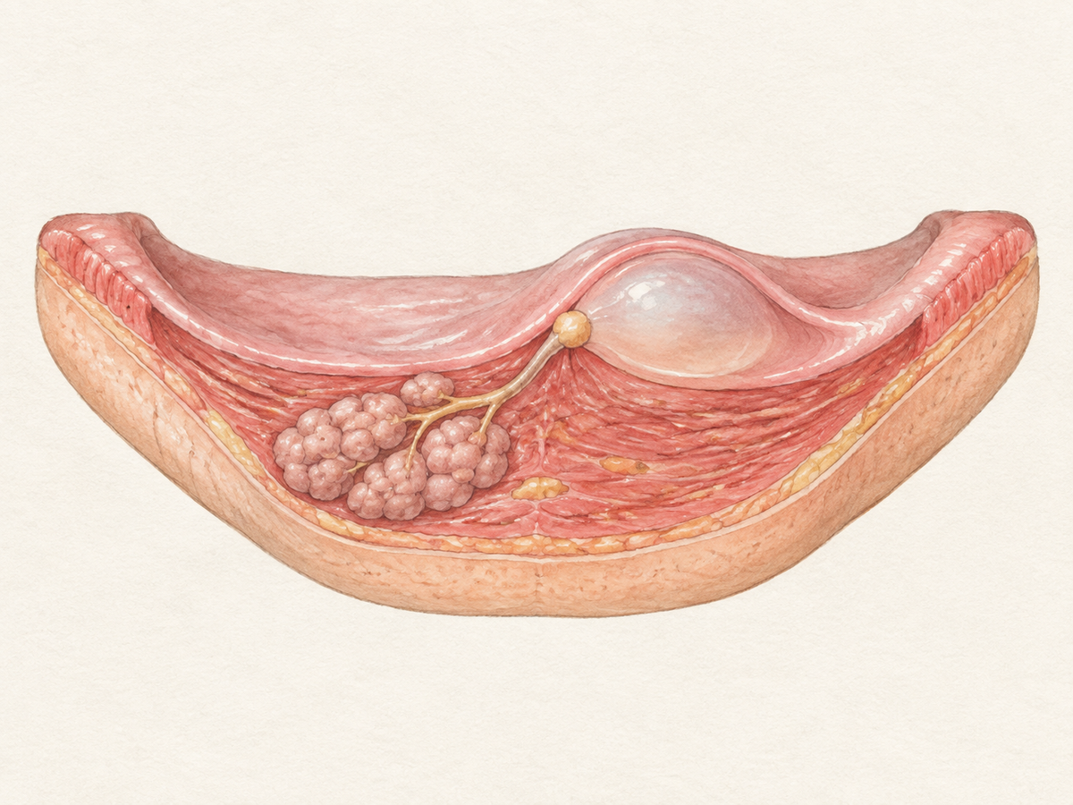 Lower lip cross-section showing minor salivary glands and a pinched duct, with trapped saliva pooling beneath the inner lip surface to form a smooth, dome-shaped mucocele bump.