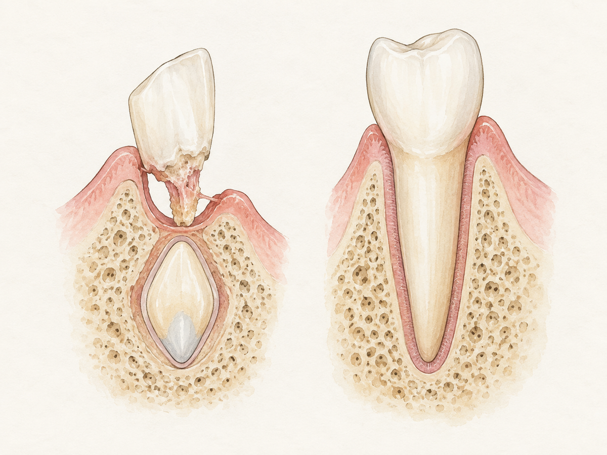 Cross-section comparison of a very loose baby tooth with a dissolved root and the permanent tooth beneath it, next to a firmly rooted adult tooth in healthy gum and bone, showing why only ready baby teeth are safe to pull.