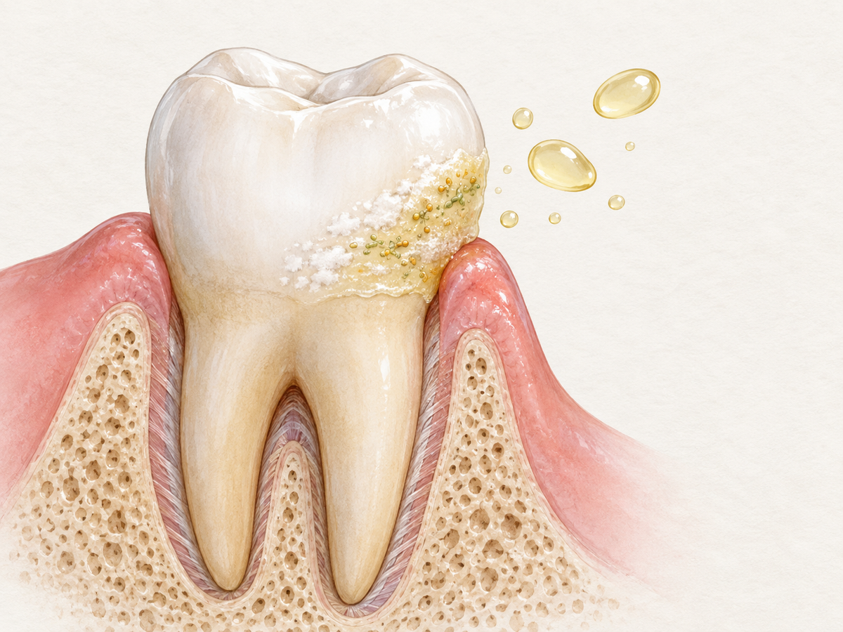 A tooth cross-section showing a sticky layer of plaque biofilm on the enamel near the gumline, with coconut oil droplets floating nearby, illustrating that oil pulling does not remove plaque that can lead to cavities and gum disease.