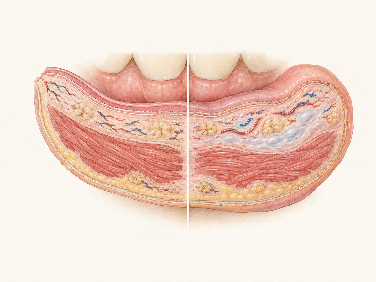 A cross-section of the human lip compares normal tissue with a mildly swollen lip, showing thin outer skin, small blood vessels, and loose underlying tissue where fluid collects and causes puffiness.