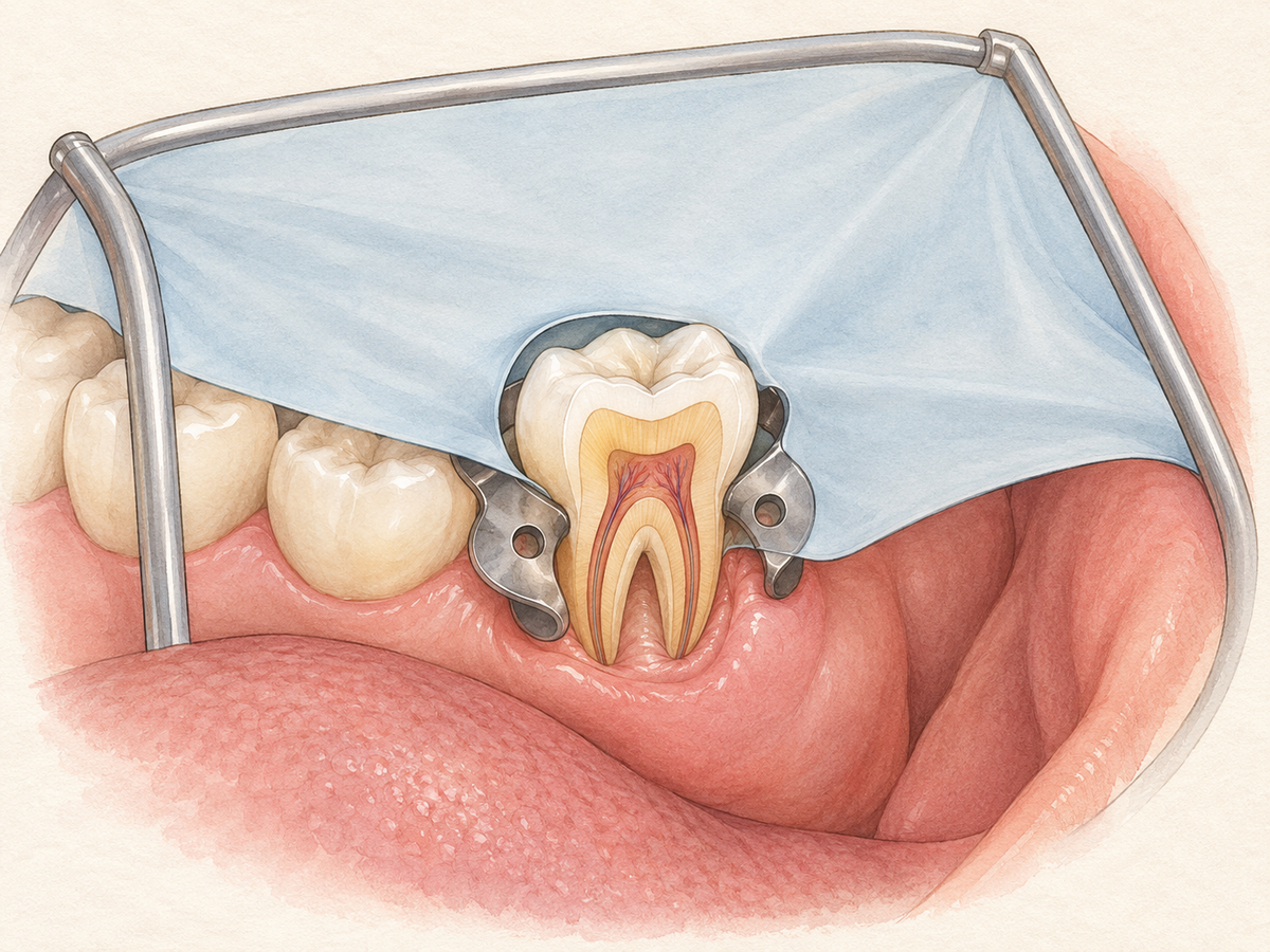 A single molar isolated by a rubber dam, a thin sheet stretched over a frame with a small clamp gripping the tooth at the gumline, keeping the tooth dry and separated from saliva, tongue and cheek during treatment.