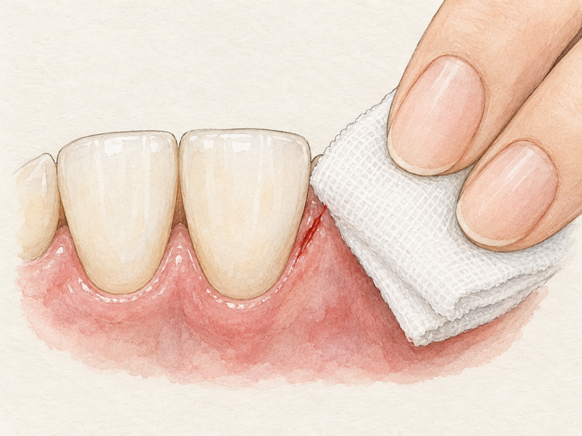 Close-up view of the lower front gums and teeth, showing a small shallow cut on the gum beside an incisor with folded clean gauze pressed against it to stop bleeding, illustrating first aid for a minor gum laceration.