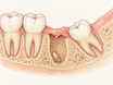 Cross-section of the lower jaw showing a healing wisdom tooth extraction socket, with gum tissue covering the site, a small bone spicule near the surface, and a tiny retained root fragment, illustrating that a post-removal bump is not a regrown tooth.
