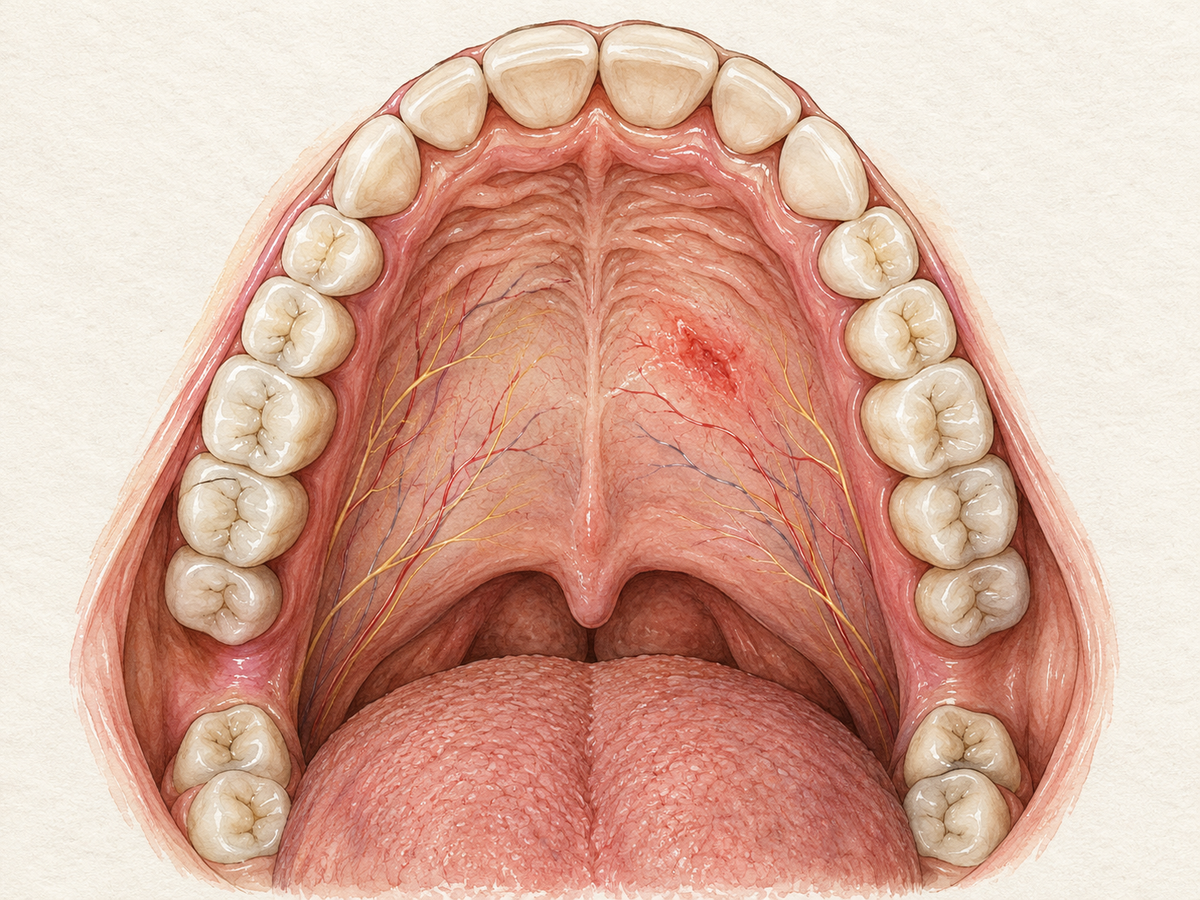 Cross-section of the roof of the mouth shows a small thermal burn on the palate lining, with delicate nerve endings and blood vessels close to the surface, explaining why hot-food burns hurt.