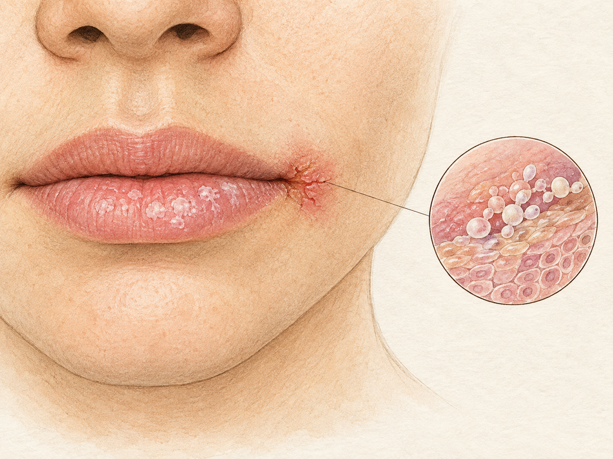 Close-up of lips and mouth corners showing a red, cracked corner with faint white patches, alongside a magnified view of round Candida yeast cells on the moist skin surface, representing lip fungus and angular cheilitis.