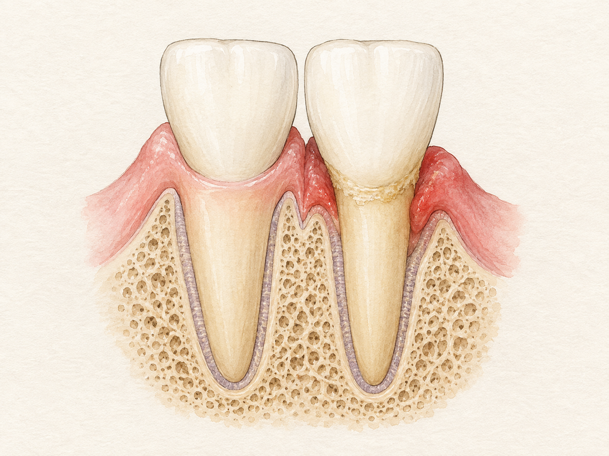 A cross-section comparing two teeth: one with healthy gums covering the root, and one with receding gums that have pulled away to expose the tooth root, with subtle plaque at the gum line. It shows the anatomical change central to gum recession.