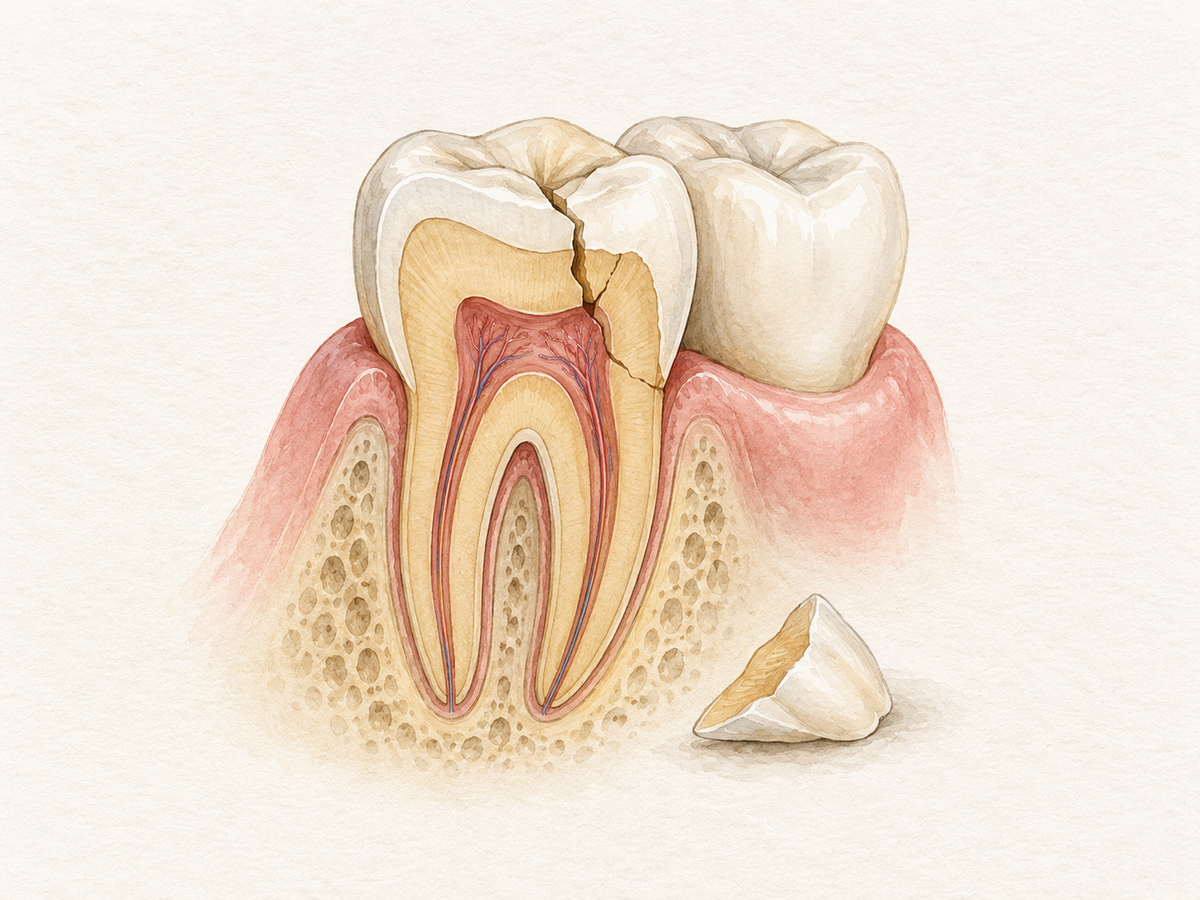 A cross-section of a fractured molar shows a clean break through enamel and dentin near the pink pulp, with a small broken fragment nearby and healthy gum tissue; an intact molar appears behind for comparison.